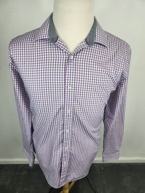 Bugatchi Shaped Fit Purple and White Check Dress Shirt